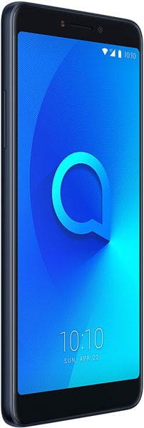 Black Alcatel 3V smartphone at angled front view; blue screen shows logo, 10:10 time, April 22 date, and status icons.