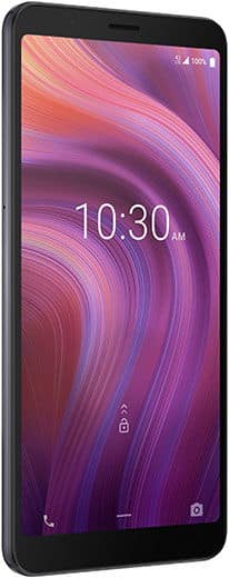 Alcatel 3V (2019) front view, black smartphone displaying colorful gradient wallpaper with time 10:30 AM on screen