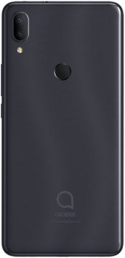 Alcatel 3V (2019) rear view showing dark gray back with dual camera lenses and fingerprint sensor