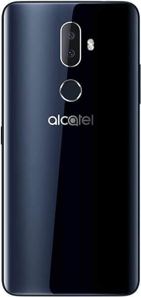 Rear view of black Alcatel 3V showing dual cameras, LED flash, fingerprint sensor, and centered Alcatel logo below cameras.