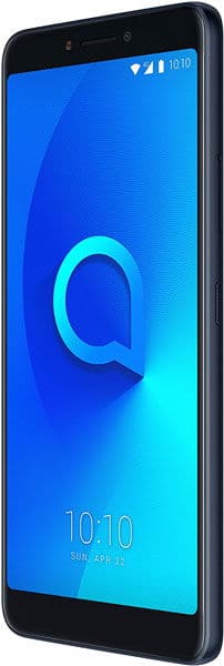 Front view of black Alcatel 3V smartphone displaying blue screen, circular logo, time 10:10, and date April 22. Slim design.