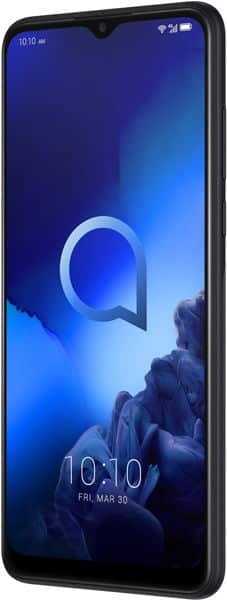 Alcatel 3X (2019) front view with blue wallpaper on screen, waterdrop notch, and black bezels