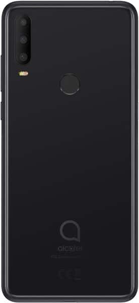 Alcatel 3X (2019) rear view showing black back with triple camera setup, fingerprint sensor, and Alcatel logo