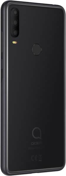Alcatel 3X (2019) rear view showing black back panel with triple-lens camera and fingerprint sensor