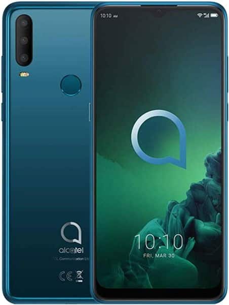 Alcatel 3X (2019) front view, teal phone with dual rear cameras, fingerprint sensor, and display showing time and date