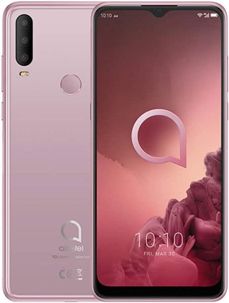 Alcatel 3X (2019) front view, pink, with dual rear cameras and notched display showing time and date