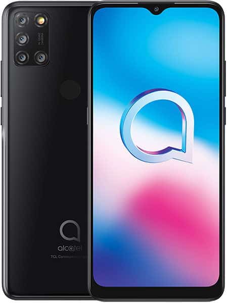 Alcatel 3X (2020) front view showing black phone with quad rear camera setup and blue-to-pink gradient display
