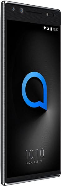 Alcatel 5 smartphone, front view, with large blue Q logo on black screen and dual rear cameras visible at top