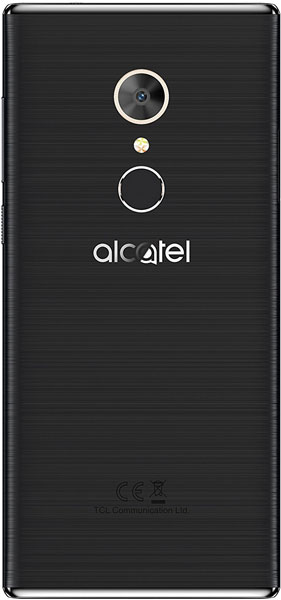 Alcatel 5 rear view, black phone with camera and flash lens, power button, and Alcatel logo