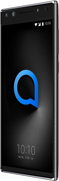 Alcatel 5 smartphone front view with large blue Q logo on black screen, dual rear cameras, and time display showing 10:10