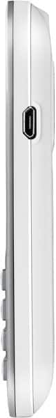 Alcatel 555 side view showing white slim phone with black camera lens and silver accents
