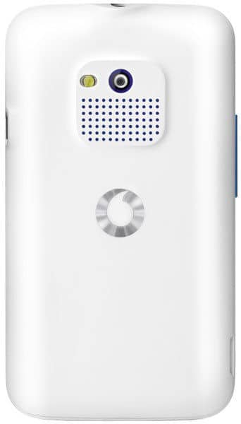 Alcatel 555 rear view, white phone with camera and speaker grille visible on back