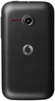 Alcatel 575 rear view, black phone with camera lens and Vodafone logo