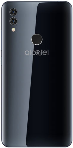 Alcatel 5V rear view showing dual camera, fingerprint sensor, and dark gray back panel