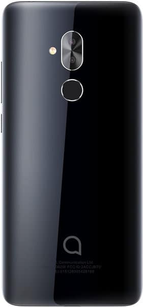 Rear view of black Alcatel 7 featuring dual cameras, LED flash, circular fingerprint sensor, and logo near the bottom.
