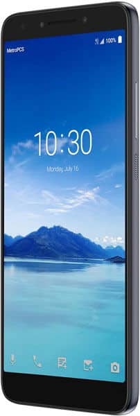 Front view of Alcatel 7 showing lock screen, 10:30, July 16, scenic wallpaper, MetroPCS network, full signal, 100% battery.