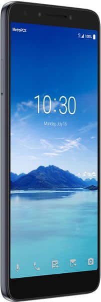 Front view of Alcatel 7 black smartphone showing lock screen, date July 16, 10:30 AM, blue water wallpaper, MetroPCS signal.