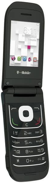 Alcatel 768 flip phone, open, showing T-Mobile branding and colorful app icons on screen
