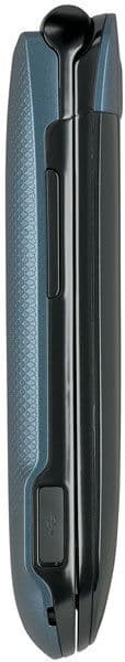Alcatel 768 flip phone, open position showing side profile with blue-grey exterior and black interior hinge mechanism