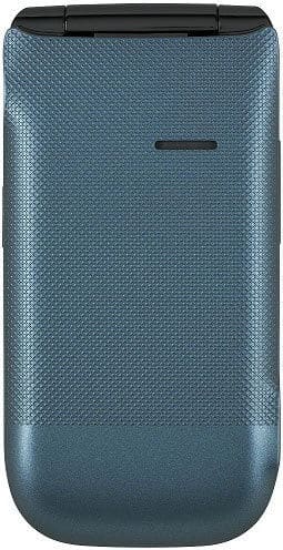 Alcatel 768 flip phone, rear view, closed with blue textured clamshell design and black top hinge