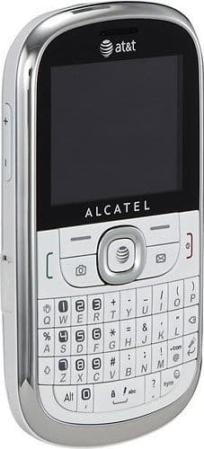 Alcatel One Touch 871A front view, white phone with slide-out QWERTY keyboard, black screen, and AT&T branding