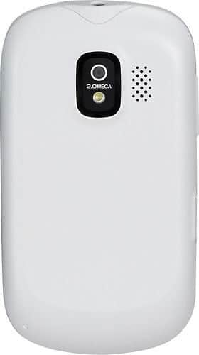 Alcatel One Touch 871A rear view, white phone with camera lens and speaker grille