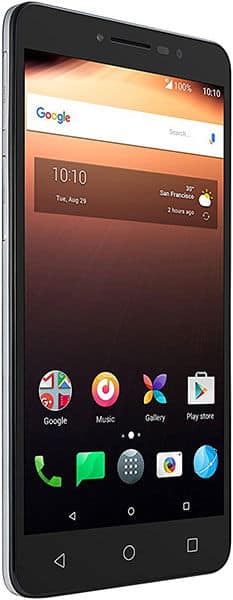 Alcatel A3 XL smartphone displayed from front angle, showing home screen with Google search bar, time, weather widget, and app icons including Google, Music, Gallery, and Play Store