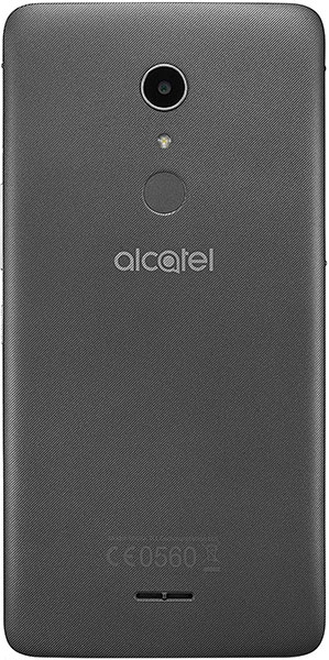 Alcatel A3 XL rear view, dark gray back with camera lens, fingerprint sensor, and Alcatel branding