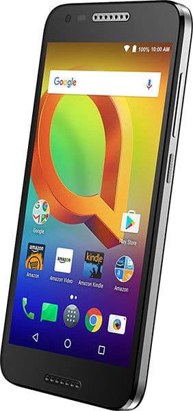 Alcatel A30 front view with screen displaying colorful wallpaper, Google search bar, and app icons including Amazon, Gmail, and other applications