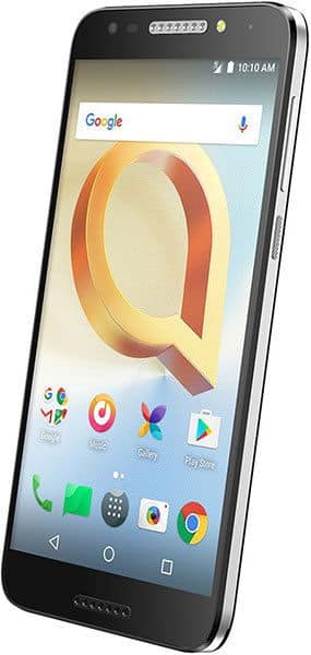 Alcatel A30 Plus smartphone front view, displaying home screen with Google search bar, colorful wallpaper, and app icons