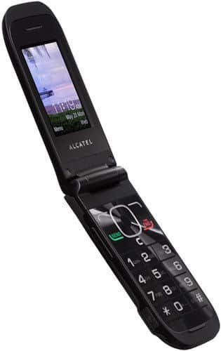 Alcatel A392G flip phone, open view, displaying screen with numeric keypad below
