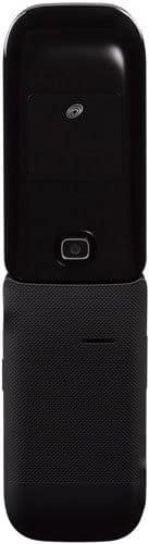 Alcatel A392G flip phone, front view closed, black with textured lower half and small display window