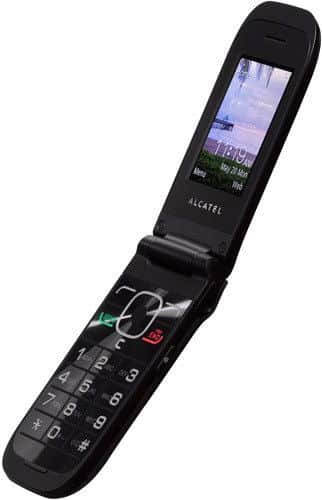 Alcatel A392G flip phone, open position, showing small screen with purple display and numeric keypad below
