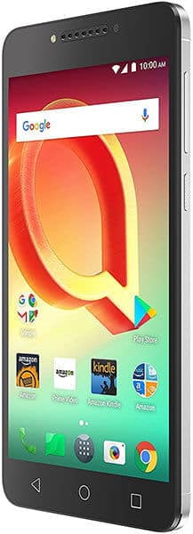 Alcatel A50 smartphone front view, displaying colorful abstract wallpaper with Google search bar and app icons on home screen