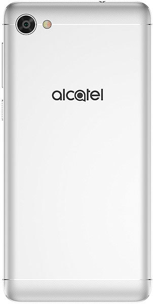 Alcatel A50 rear view, silver with camera and flash in upper left corner