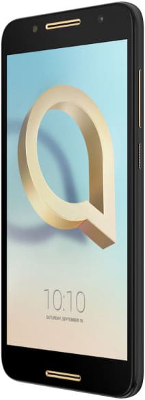 Black Alcatel A7 smartphone at a front angle, screen on with gold "Q," 10:10 time, Sept 16 date, light blue background.