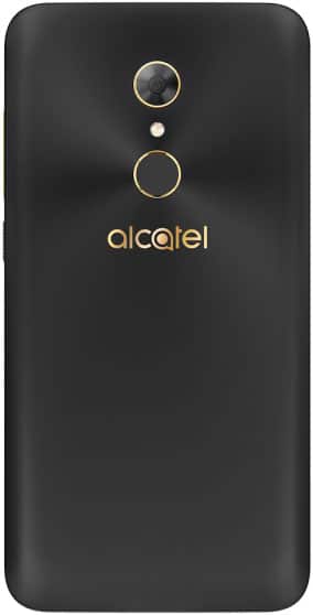 Rear view of black Alcatel A7 displaying camera, flash, fingerprint sensor, and gold Alcatel logo.