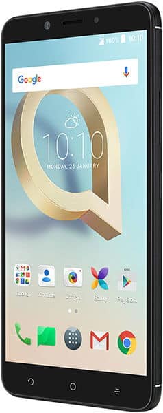 Alcatel A7 XL front view, displaying home screen with Google search bar, time, and app icons including phone, messaging, and Chrome