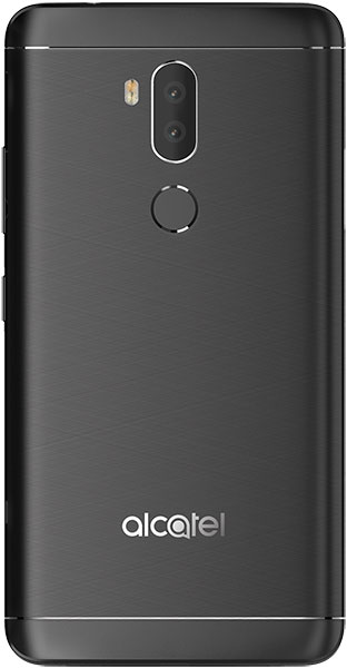 Alcatel A7 XL rear view showing dark gray back with dual camera lens, fingerprint sensor, and Alcatel branding