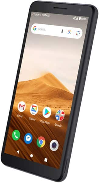 Alcatel Apprise smartphone displayed at an angle, showing home screen with Google search bar, app icons including Gmail and Google apps, and desert landscape wallpaper