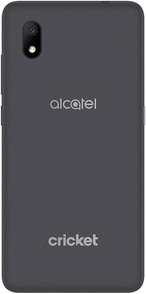 Alcatel Apprise smartphone rear view, showing dark gray back with camera, Alcatel and Cricket logos
