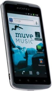 Alcatel Authority smartphone, front view, displaying home screen with Muve Music app and various icons on black display