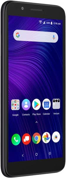 Alcatel Avalon V front, black smartphone with purple abstract wallpaper, Google search bar, app icons including Google, Contacts, Play Store, Calendar, and YouTube