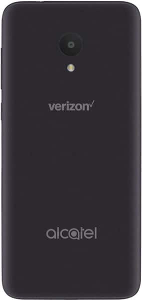 Alcatel Avalon V rear view, black phone with Verizon and Alcatel branding, single camera and LED flash