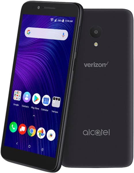 Alcatel Avalon V front and rear view, black smartphone with Google search bar and app icons on screen
