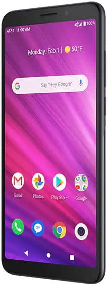 Alcatel Axel smartphone front view, displaying home screen with purple gradient background, Google search bar, and app icons including Gmail, Photos, Play Store, and Chrome