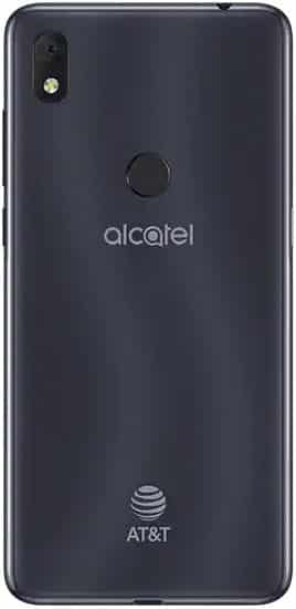 Alcatel Axel smartphone rear view, showing dark gray back with camera, fingerprint sensor, and AT&T branding