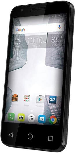 Alcatel Dawn smartphone front view, displaying home screen with Google search bar, weather widget, and app icons including phone, camera, and Google Play