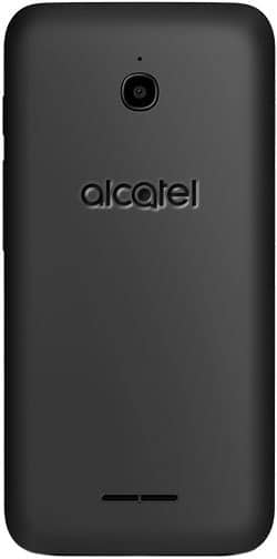 Alcatel Dawn smartphone, rear view, showing black plastic back with camera lens and branded text