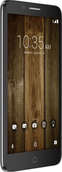 Alcatel Fierce 4 front view showing home screen with time 10:35 AM, wood texture wallpaper, and app icons